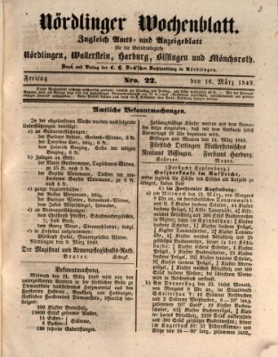 Nördlinger Wochenblatt (Intelligenzblatt der Königlich Bayerischen Stadt Nördlingen) Freitag 16. März 1849