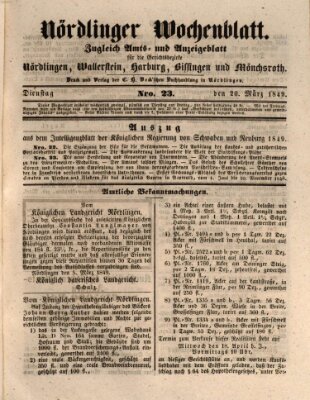 Nördlinger Wochenblatt (Intelligenzblatt der Königlich Bayerischen Stadt Nördlingen) Dienstag 20. März 1849