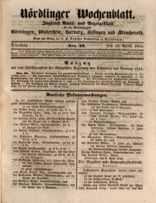 Nördlinger Wochenblatt (Intelligenzblatt der Königlich Bayerischen Stadt Nördlingen) Dienstag 10. April 1849