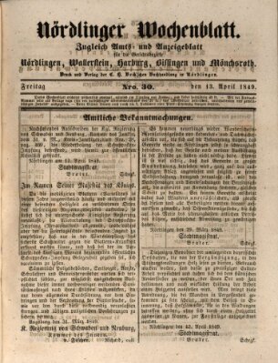 Nördlinger Wochenblatt (Intelligenzblatt der Königlich Bayerischen Stadt Nördlingen) Freitag 13. April 1849