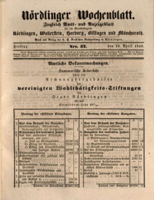 Nördlinger Wochenblatt (Intelligenzblatt der Königlich Bayerischen Stadt Nördlingen) Freitag 20. April 1849