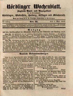 Nördlinger Wochenblatt (Intelligenzblatt der Königlich Bayerischen Stadt Nördlingen) Dienstag 1. Mai 1849