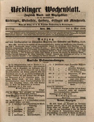 Nördlinger Wochenblatt (Intelligenzblatt der Königlich Bayerischen Stadt Nördlingen) Freitag 4. Mai 1849