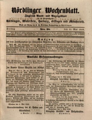 Nördlinger Wochenblatt (Intelligenzblatt der Königlich Bayerischen Stadt Nördlingen) Freitag 11. Mai 1849