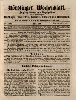 Nördlinger Wochenblatt (Intelligenzblatt der Königlich Bayerischen Stadt Nördlingen) Dienstag 15. Mai 1849