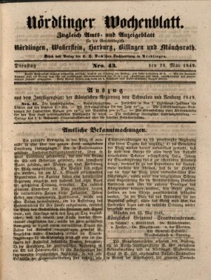 Nördlinger Wochenblatt (Intelligenzblatt der Königlich Bayerischen Stadt Nördlingen) Dienstag 29. Mai 1849