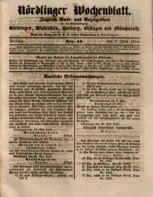 Nördlinger Wochenblatt (Intelligenzblatt der Königlich Bayerischen Stadt Nördlingen) Freitag 1. Juni 1849