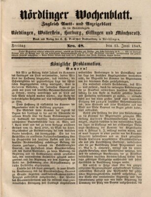 Nördlinger Wochenblatt (Intelligenzblatt der Königlich Bayerischen Stadt Nördlingen) Freitag 15. Juni 1849