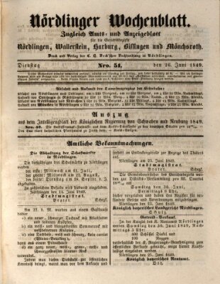 Nördlinger Wochenblatt (Intelligenzblatt der Königlich Bayerischen Stadt Nördlingen) Dienstag 26. Juni 1849