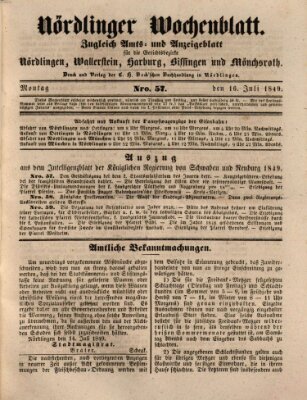 Nördlinger Wochenblatt (Intelligenzblatt der Königlich Bayerischen Stadt Nördlingen) Montag 16. Juli 1849