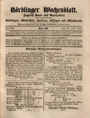 Nördlinger Wochenblatt (Intelligenzblatt der Königlich Bayerischen Stadt Nördlingen) Freitag 20. Juli 1849