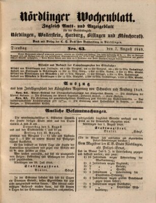 Nördlinger Wochenblatt (Intelligenzblatt der Königlich Bayerischen Stadt Nördlingen) Dienstag 7. August 1849