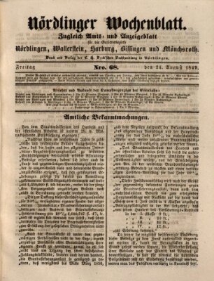 Nördlinger Wochenblatt (Intelligenzblatt der Königlich Bayerischen Stadt Nördlingen) Freitag 24. August 1849