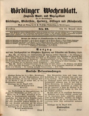 Nördlinger Wochenblatt (Intelligenzblatt der Königlich Bayerischen Stadt Nördlingen) Dienstag 28. August 1849