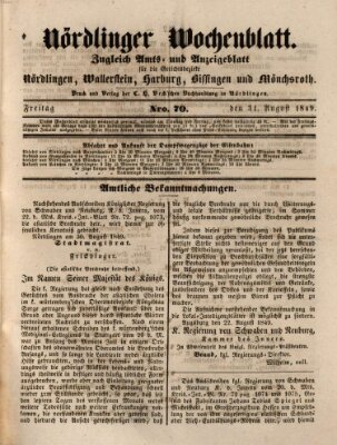 Nördlinger Wochenblatt (Intelligenzblatt der Königlich Bayerischen Stadt Nördlingen) Freitag 31. August 1849