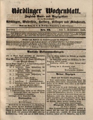 Nördlinger Wochenblatt (Intelligenzblatt der Königlich Bayerischen Stadt Nördlingen) Freitag 7. September 1849