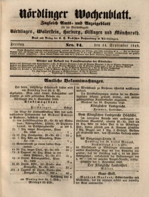 Nördlinger Wochenblatt (Intelligenzblatt der Königlich Bayerischen Stadt Nördlingen) Freitag 14. September 1849