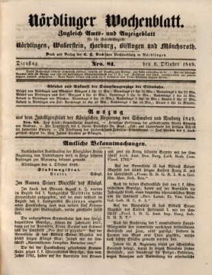 Nördlinger Wochenblatt (Intelligenzblatt der Königlich Bayerischen Stadt Nördlingen) Dienstag 9. Oktober 1849