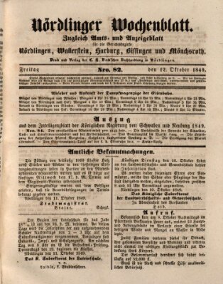 Nördlinger Wochenblatt (Intelligenzblatt der Königlich Bayerischen Stadt Nördlingen) Freitag 12. Oktober 1849