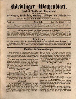 Nördlinger Wochenblatt (Intelligenzblatt der Königlich Bayerischen Stadt Nördlingen) Freitag 19. Oktober 1849