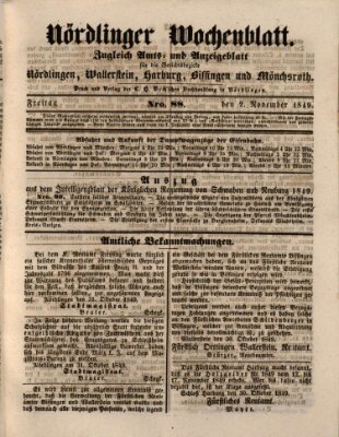 Nördlinger Wochenblatt (Intelligenzblatt der Königlich Bayerischen Stadt Nördlingen) Freitag 2. November 1849