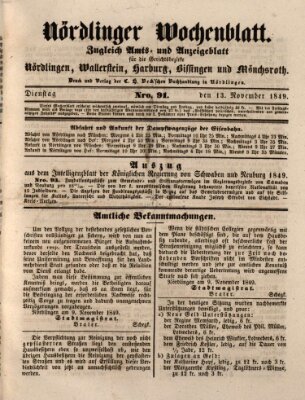 Nördlinger Wochenblatt (Intelligenzblatt der Königlich Bayerischen Stadt Nördlingen) Dienstag 13. November 1849