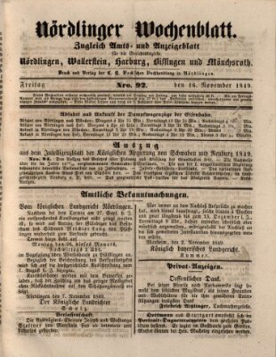 Nördlinger Wochenblatt (Intelligenzblatt der Königlich Bayerischen Stadt Nördlingen) Freitag 16. November 1849