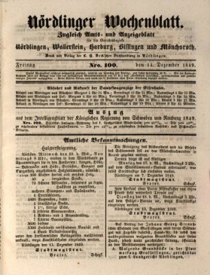 Nördlinger Wochenblatt (Intelligenzblatt der Königlich Bayerischen Stadt Nördlingen) Freitag 14. Dezember 1849