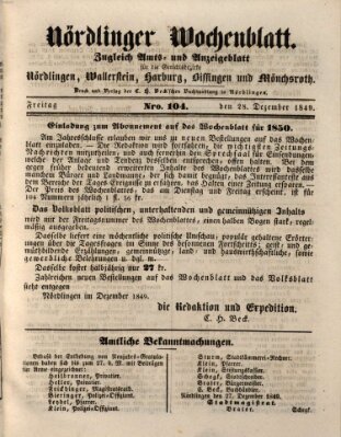 Nördlinger Wochenblatt (Intelligenzblatt der Königlich Bayerischen Stadt Nördlingen) Freitag 28. Dezember 1849