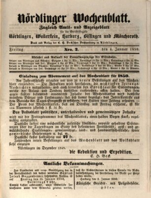 Nördlinger Wochenblatt (Intelligenzblatt der Königlich Bayerischen Stadt Nördlingen) Freitag 4. Januar 1850