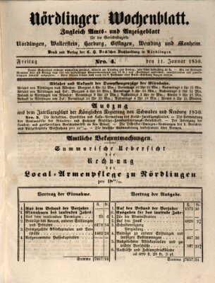 Nördlinger Wochenblatt (Intelligenzblatt der Königlich Bayerischen Stadt Nördlingen) Freitag 11. Januar 1850