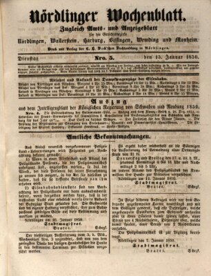 Nördlinger Wochenblatt (Intelligenzblatt der Königlich Bayerischen Stadt Nördlingen) Dienstag 15. Januar 1850