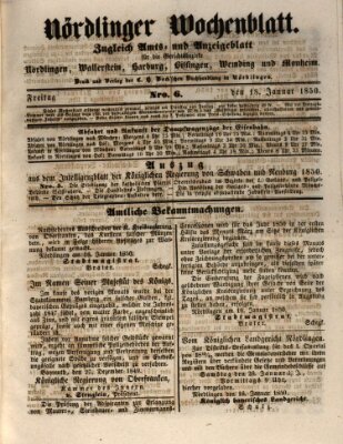 Nördlinger Wochenblatt (Intelligenzblatt der Königlich Bayerischen Stadt Nördlingen) Freitag 18. Januar 1850