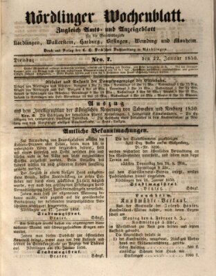 Nördlinger Wochenblatt (Intelligenzblatt der Königlich Bayerischen Stadt Nördlingen) Dienstag 22. Januar 1850