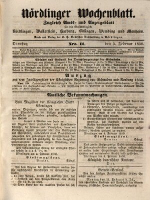 Nördlinger Wochenblatt (Intelligenzblatt der Königlich Bayerischen Stadt Nördlingen) Dienstag 5. Februar 1850