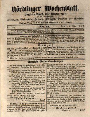 Nördlinger Wochenblatt (Intelligenzblatt der Königlich Bayerischen Stadt Nördlingen) Freitag 8. Februar 1850