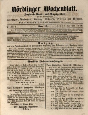 Nördlinger Wochenblatt (Intelligenzblatt der Königlich Bayerischen Stadt Nördlingen) Dienstag 19. Februar 1850