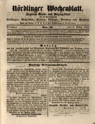 Nördlinger Wochenblatt (Intelligenzblatt der Königlich Bayerischen Stadt Nördlingen) Dienstag 5. März 1850