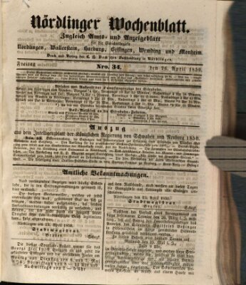 Nördlinger Wochenblatt (Intelligenzblatt der Königlich Bayerischen Stadt Nördlingen) Freitag 26. April 1850