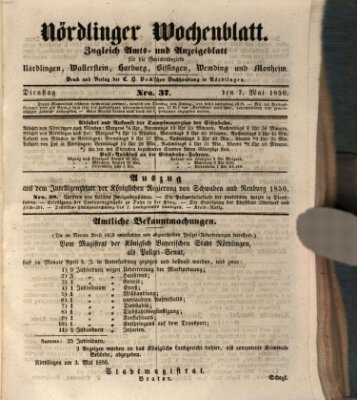 Nördlinger Wochenblatt (Intelligenzblatt der Königlich Bayerischen Stadt Nördlingen) Dienstag 7. Mai 1850