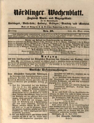 Nördlinger Wochenblatt (Intelligenzblatt der Königlich Bayerischen Stadt Nördlingen) Freitag 10. Mai 1850