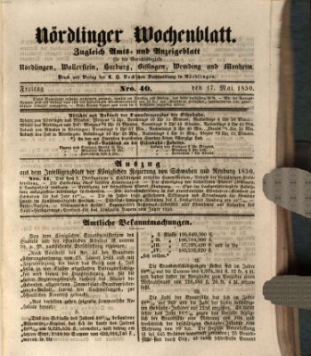 Nördlinger Wochenblatt (Intelligenzblatt der Königlich Bayerischen Stadt Nördlingen) Freitag 17. Mai 1850