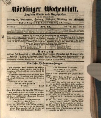 Nördlinger Wochenblatt (Intelligenzblatt der Königlich Bayerischen Stadt Nördlingen) Freitag 24. Mai 1850