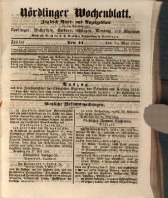 Nördlinger Wochenblatt (Intelligenzblatt der Königlich Bayerischen Stadt Nördlingen) Freitag 31. Mai 1850