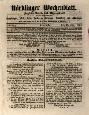 Nördlinger Wochenblatt (Intelligenzblatt der Königlich Bayerischen Stadt Nördlingen) Dienstag 18. Juni 1850