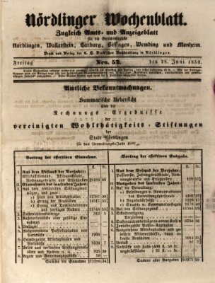 Nördlinger Wochenblatt (Intelligenzblatt der Königlich Bayerischen Stadt Nördlingen) Freitag 28. Juni 1850