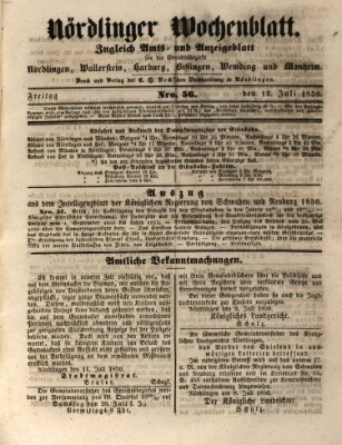 Nördlinger Wochenblatt (Intelligenzblatt der Königlich Bayerischen Stadt Nördlingen) Freitag 12. Juli 1850