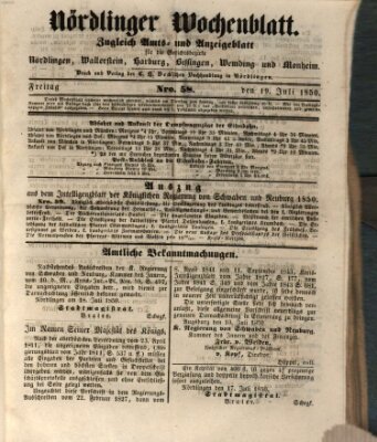 Nördlinger Wochenblatt (Intelligenzblatt der Königlich Bayerischen Stadt Nördlingen) Freitag 19. Juli 1850
