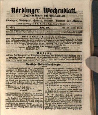 Nördlinger Wochenblatt (Intelligenzblatt der Königlich Bayerischen Stadt Nördlingen) Dienstag 23. Juli 1850