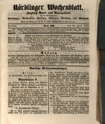 Nördlinger Wochenblatt (Intelligenzblatt der Königlich Bayerischen Stadt Nördlingen) Freitag 26. Juli 1850